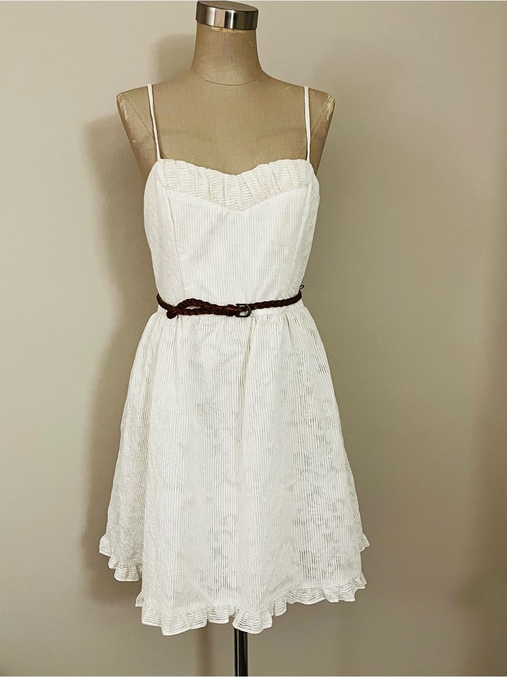 City Studio White Spaghetti-Strap Mini Dress with Braided Brown Belt